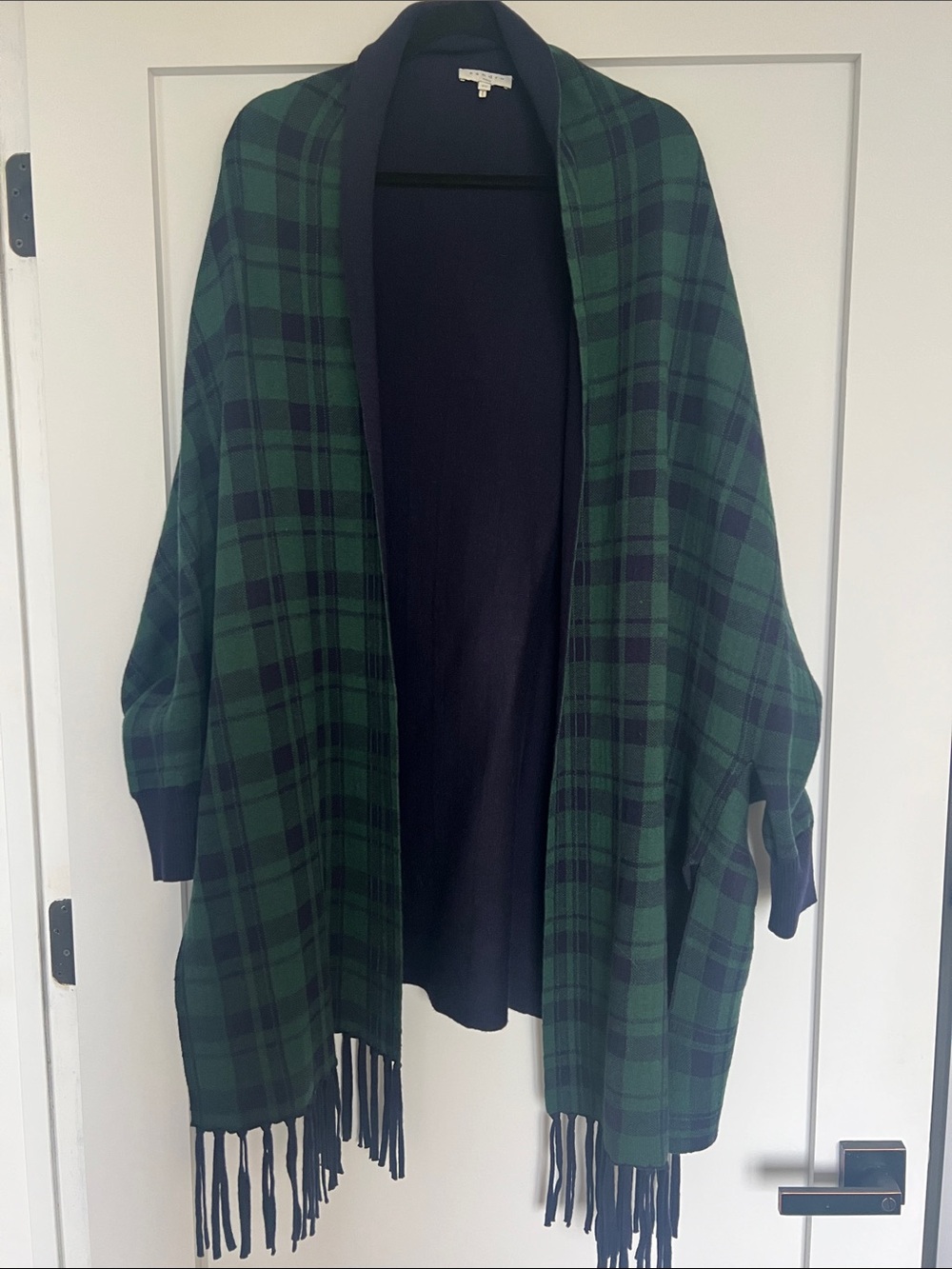 Fringed Open-Front Plaid Cardigan in Green and Navy